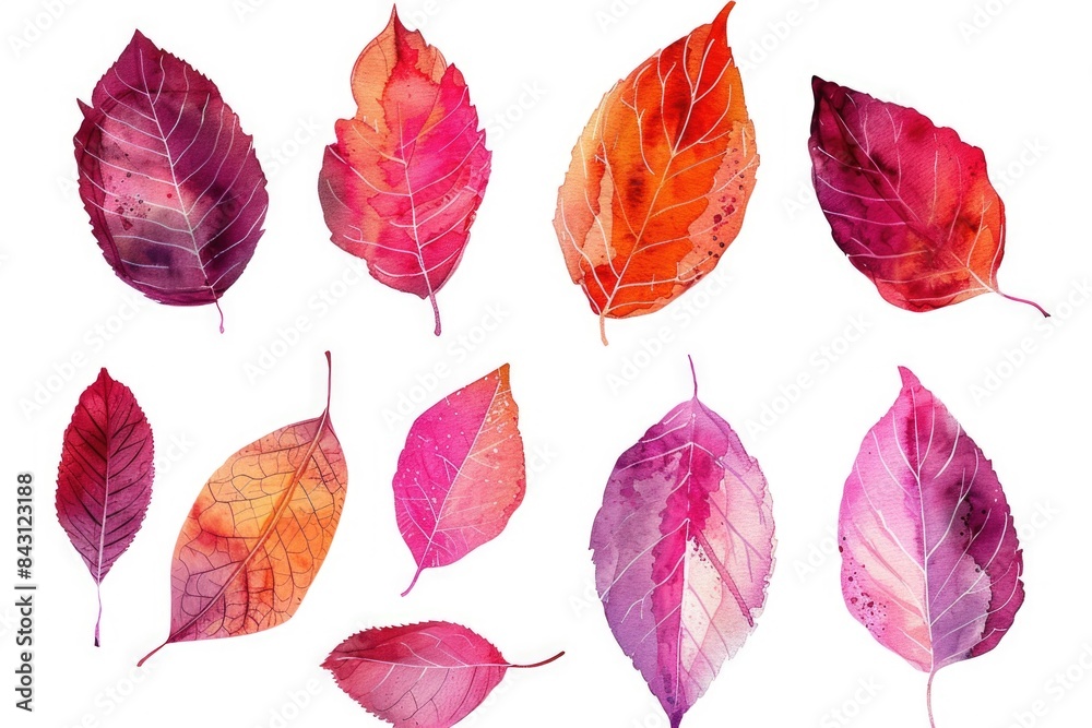 Poster a collection of different colored leaves arranged on a white surface