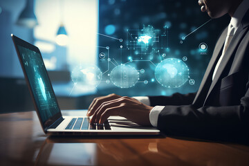 Businessman use Laptop with interface of padlock and cloud computing technology, Cyber Security Data Protection Business Technology Privacy concept, Internet Concept of global business.