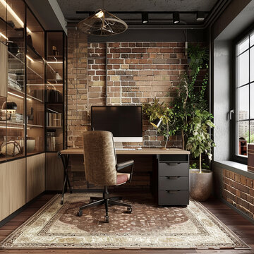 A small office with a brick wall and a potted plant