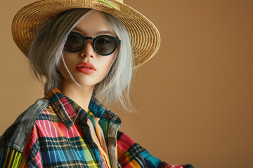 Fototapeta premium fashionable 25 years old young woman with silver hair and vibrant multicolor shirt, studio portrait