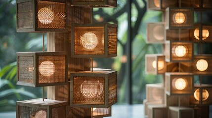 series of square wooden boxes with rattan weaving and LED lights inside, outdoor space