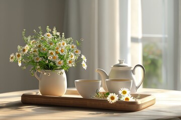 A tray with a tea pot and cups ready for serving