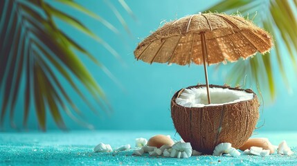 Tropical beach concept made of coconut fruit and sun umbrella. Creative minimal summer idea.