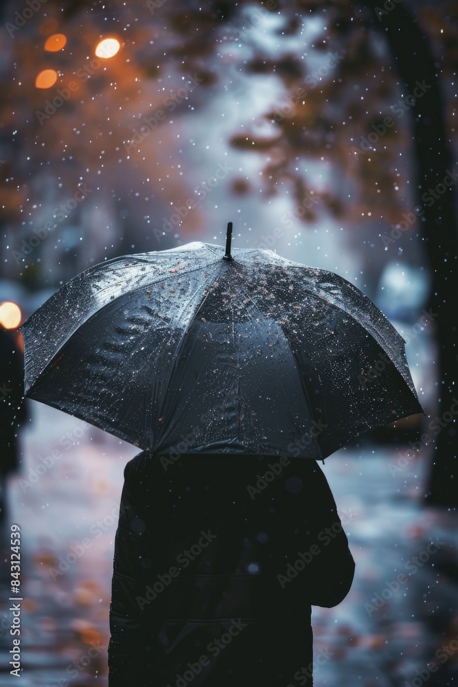 Poster a person holding an umbrella on a rainy day, good for use as a background or symbol of protection fr