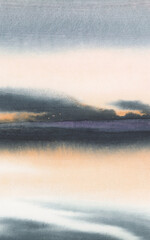 Ink watercolor hand drawn smoke flow stain blot landscape on wet paper texture background.