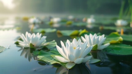 White Water Lilies Blooming in a Tranquil Pond on a Sunny Morning