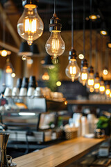 Closeup of hanging lights hanging in a row. Coffee shop interior design with lighting and hanging decorations