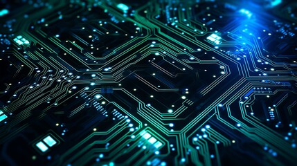 Digital circuit board pattern with glowing blue and green lines, perfect for technology-related designs