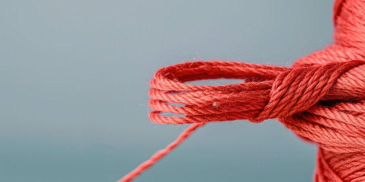 Close-up of red thread ties on a plain background. Creative concept of destiny lines