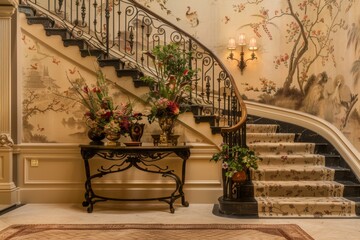 Elegant Curving Staircase With Floral Arrangement and Painted Landscape Wall
