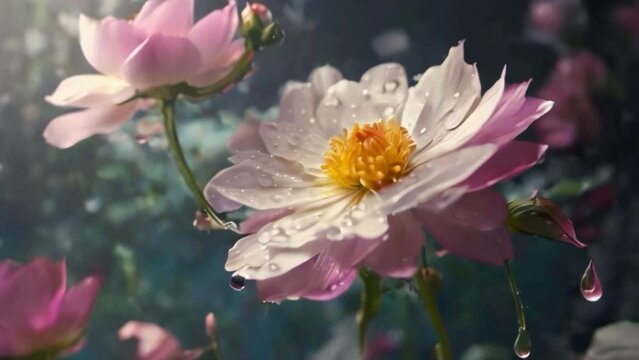 Amera is flying around the flower in right direction, hyper lapse, the drops on the flowers are slowly moving, dripping, hyper realistic, cinematic.