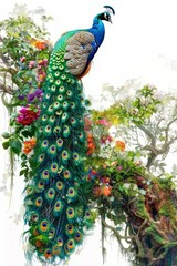 Obraz premium A majestic peacock with vibrant plumage perched on an ancient tree branch on a white background