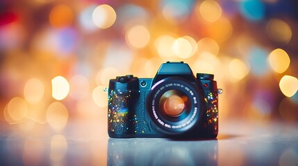 camera full frame, bokeh effect with soft, out-of-focus lights in various colors, creating a festive and dreamy background