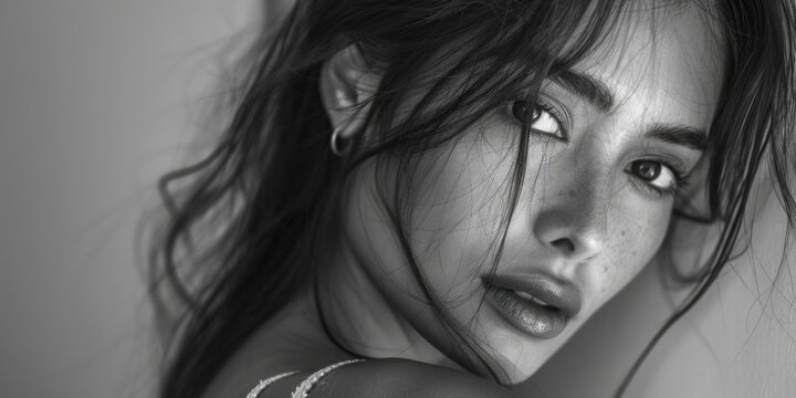 Fototapeta A beautiful woman in a classic black and white portrait setting