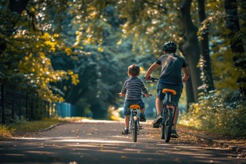 Fototapeta premium A father and son enjoying a bike ride together, promoting family bonding and outdoor activities