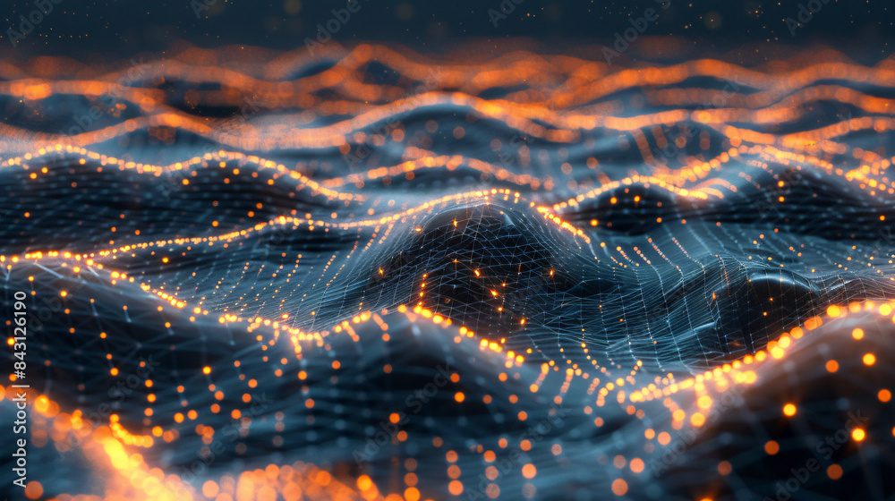 Poster glowing network connections and waves in a futuristic digital landscape visualization