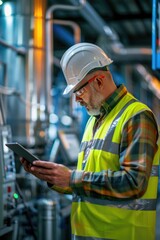 Obraz premium A construction worker uses a tablet while wearing a safety vest on a building site