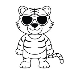 cute cartoon drawing of tiger wearing sunglasses outline vector design