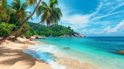 Beautiful tropical beach with palm trees and turquoise water on the island, copy space, traveling concept