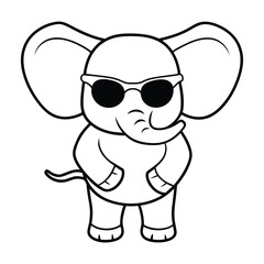 cute cartoon style elephant wearing sunglasses full figure outline vector simple design for kids