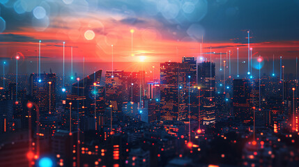 Fototapeta premium Digital network concept overlaying a vibrant city skyline at dusk for smart city connectivity