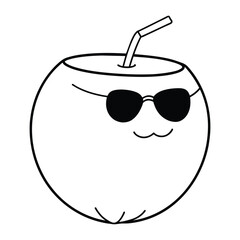 simple kids cheerful coconut wearing sunglasses with straw outline drawing vector on white background