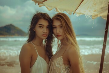 Two friends standing together on a sunny beach, ideal for friendship and leisure concepts