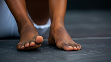 A detailed close-up of a black girl's barefoot feet, showcasing their toes, ankles, heels, and calf with prominent veins and joints visible