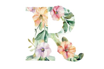 A decorative illustration of the letter R surrounded by colorful flowers, ideal for use in educational materials or as a design element