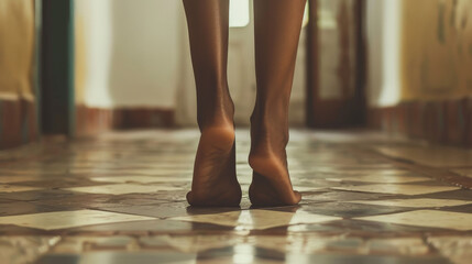A black girl's walking on tip-toes
