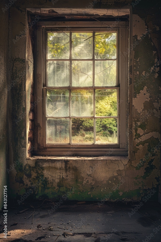 Poster an old window with worn-out glass and rusty hinges in a rundown building
