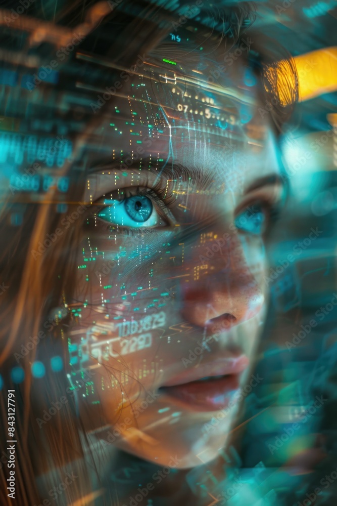 Poster a close-up shot of a woman's face with a digital background, suitable for use in technology-related 