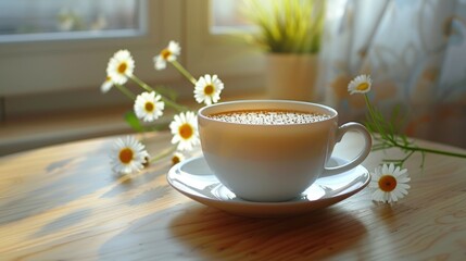 Fototapeta premium A cup of coffee sits on top of a wooden table, waiting to be enjoyed