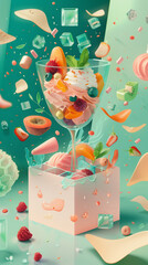 Naklejka premium dessert, ice cream, raspberry, mint, summer, sweet, glacée, epicure, indulgence, creative, vibrant, colourful, refreshing, melting, scoop, waffle cone, style, presentation, trendy, 