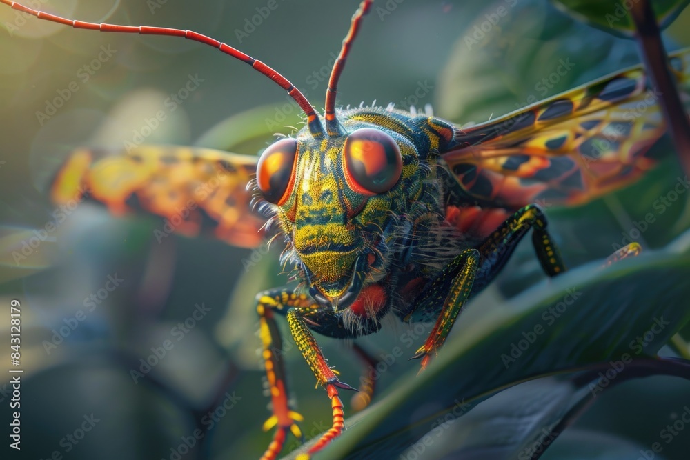 Poster a close-up shot of a vibrant insect sitting on a leaf, with intricate details and patterns
