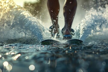 A person rides a surfboard on a peaceful lake or calm sea, suitable for travel, adventure and sports themes