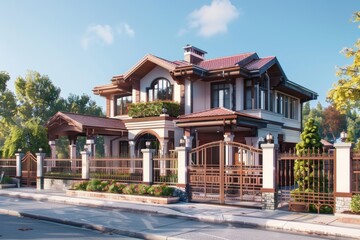 Obraz premium A residential building with an entrance gate and surrounding fence, suitable for use as a background or property image
