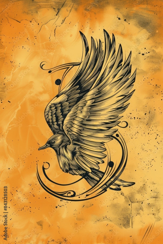 Poster a simple illustration of a bird sitting on a bright yellow background, suitable for various designs 