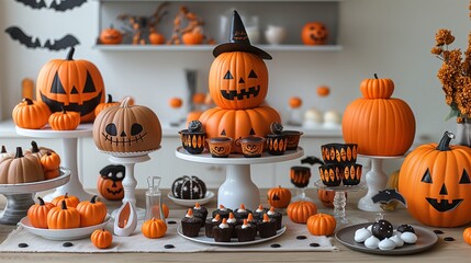 Bright and light Halloween setup, showcasing a table with Halloween-themed treats, isolated on a white background.