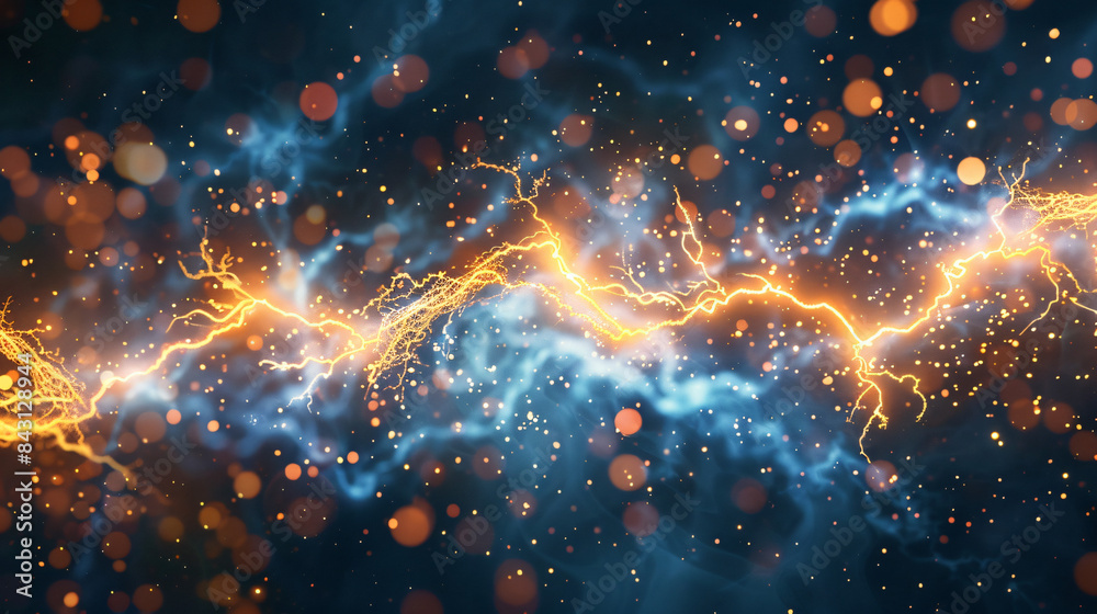 Poster vibrant lightning bolts and glowing particles on abstract background