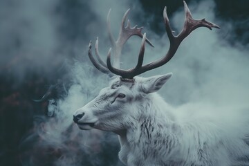 Enigmatic White Stag Emerging from Ethereal Misty Forest