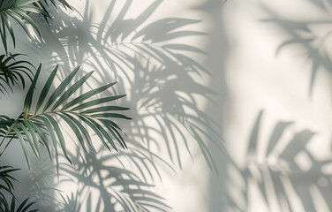 Minimalist background with tropical plant leaves and its shadow on white wall. Tropical backdrop for product presentation. 