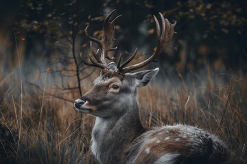 Fototapeta premium Majestic Stag Resting in Peaceful Meadow with Soft Light