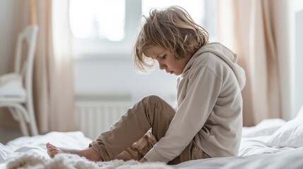 Sad boy sitting alone on a bed in his room