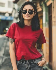 A woman in a red t-shirt walks down a city street