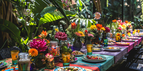 Vibrant Garden Party Table with Fresh Fruits and Flowers - Generative AI