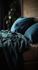 a close-up analogue interior design photo of a bed with a thick, green, woven blanket on top. The headrest is made out of deep blue velvet material. The bedsheets are beige linen.