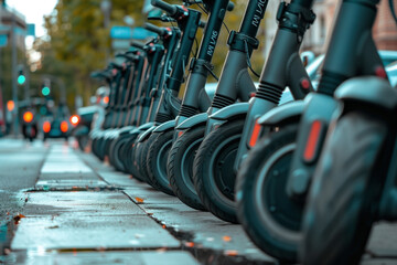 Fototapeta premium Row of electric scooters parked in the city