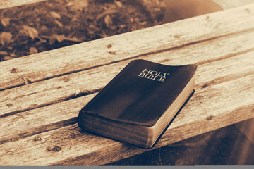 The Holy Bible resting on a park bench