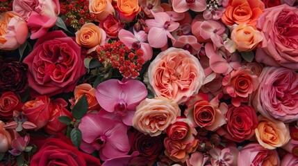 A Symphony of Pink and Red Blooms - Close-up photograph of a vibrant floral arrangement, featuring a variety of pink and red roses, orchids, and other flowers.